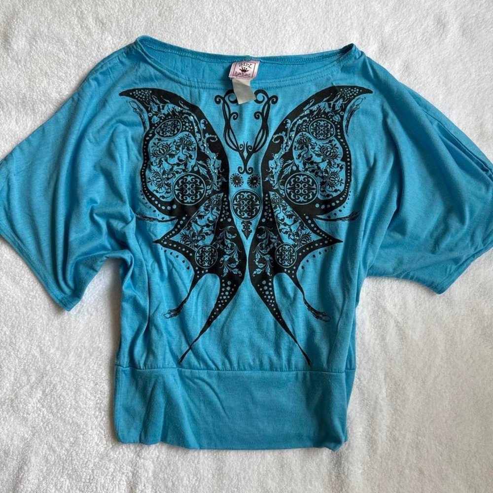 y2k grunge off the shoulder blue butterfly top with black accents